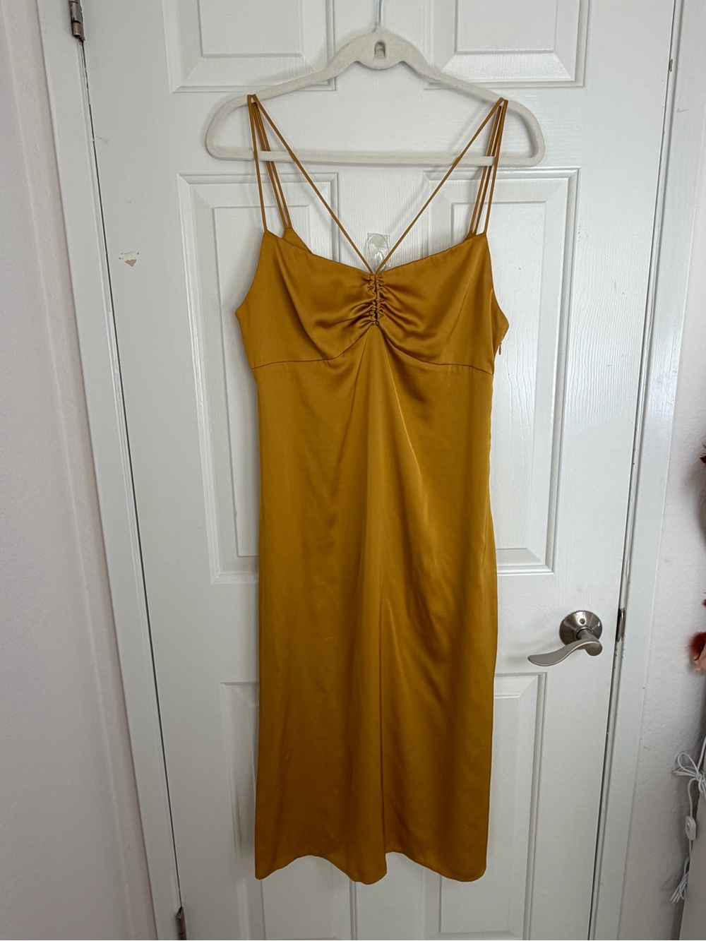 Zara Mustard Satin Midi Slip Dress‎ with Ruched Front Size Large